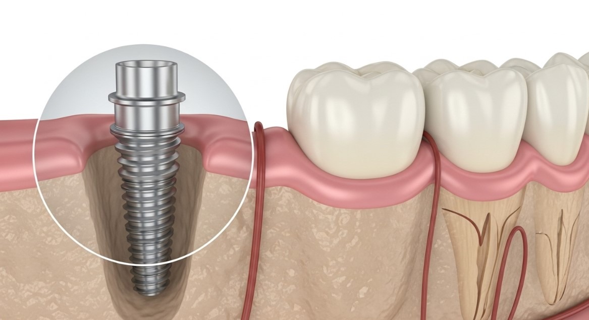 Ilustración detallada de un implante dental de titanio y corona.